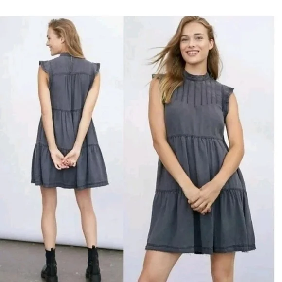 Anthropologie Jenee Tiered Tunic Dress Sz S Washed Black Short Casual Pockets - Picture 1 of 13